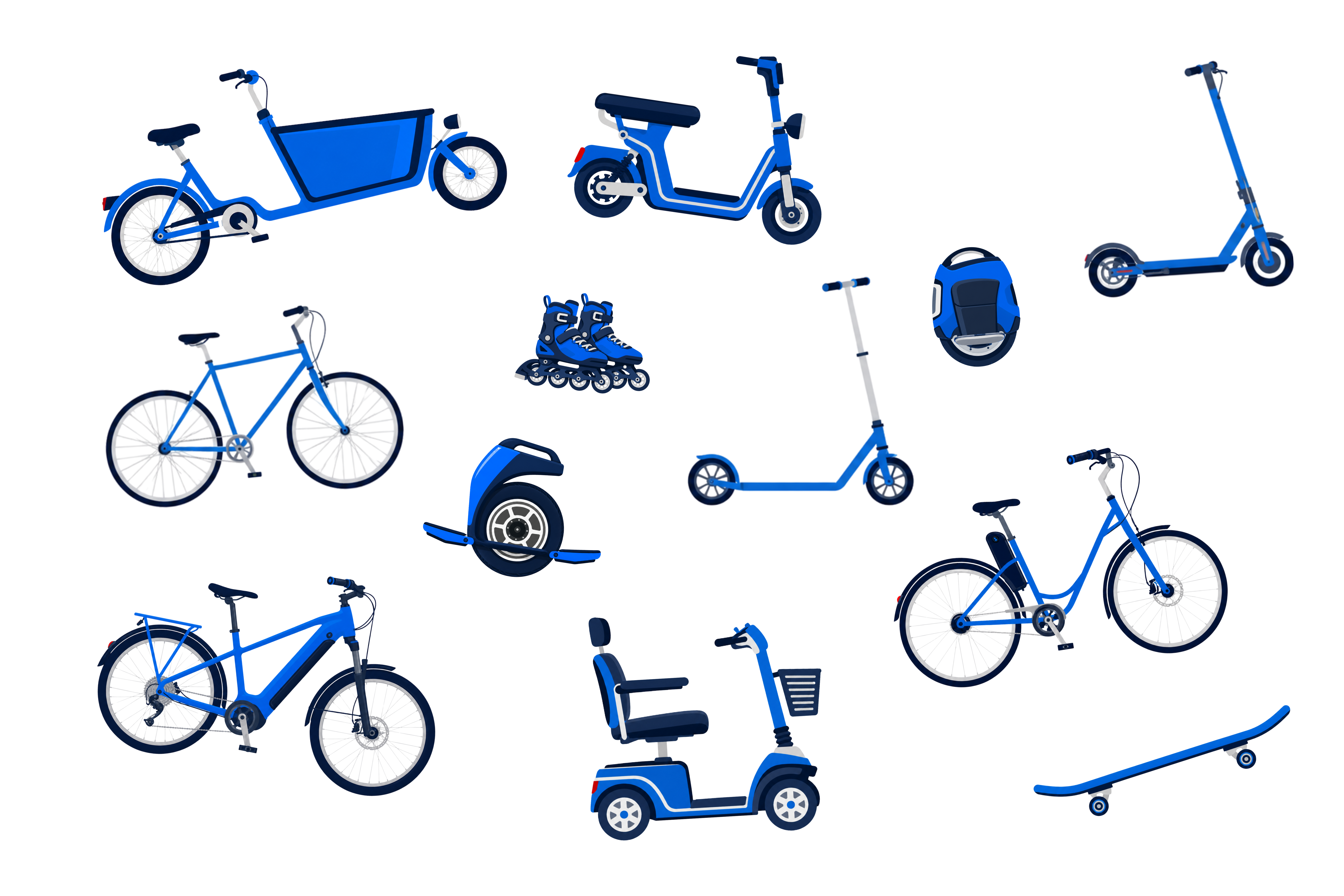 Illustrations of micromobility options including bikes, scooters, skates, a unicycle, and mobility devices